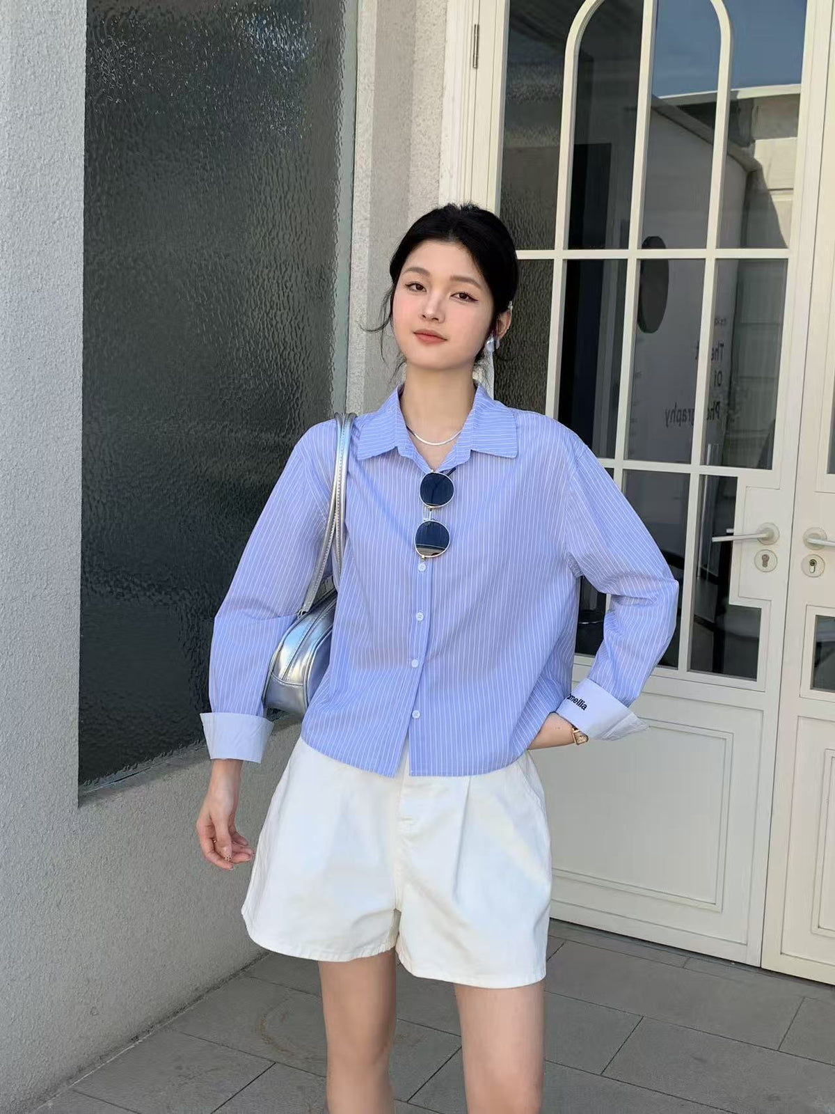 Cropped Length Cotton Shirt Stripe