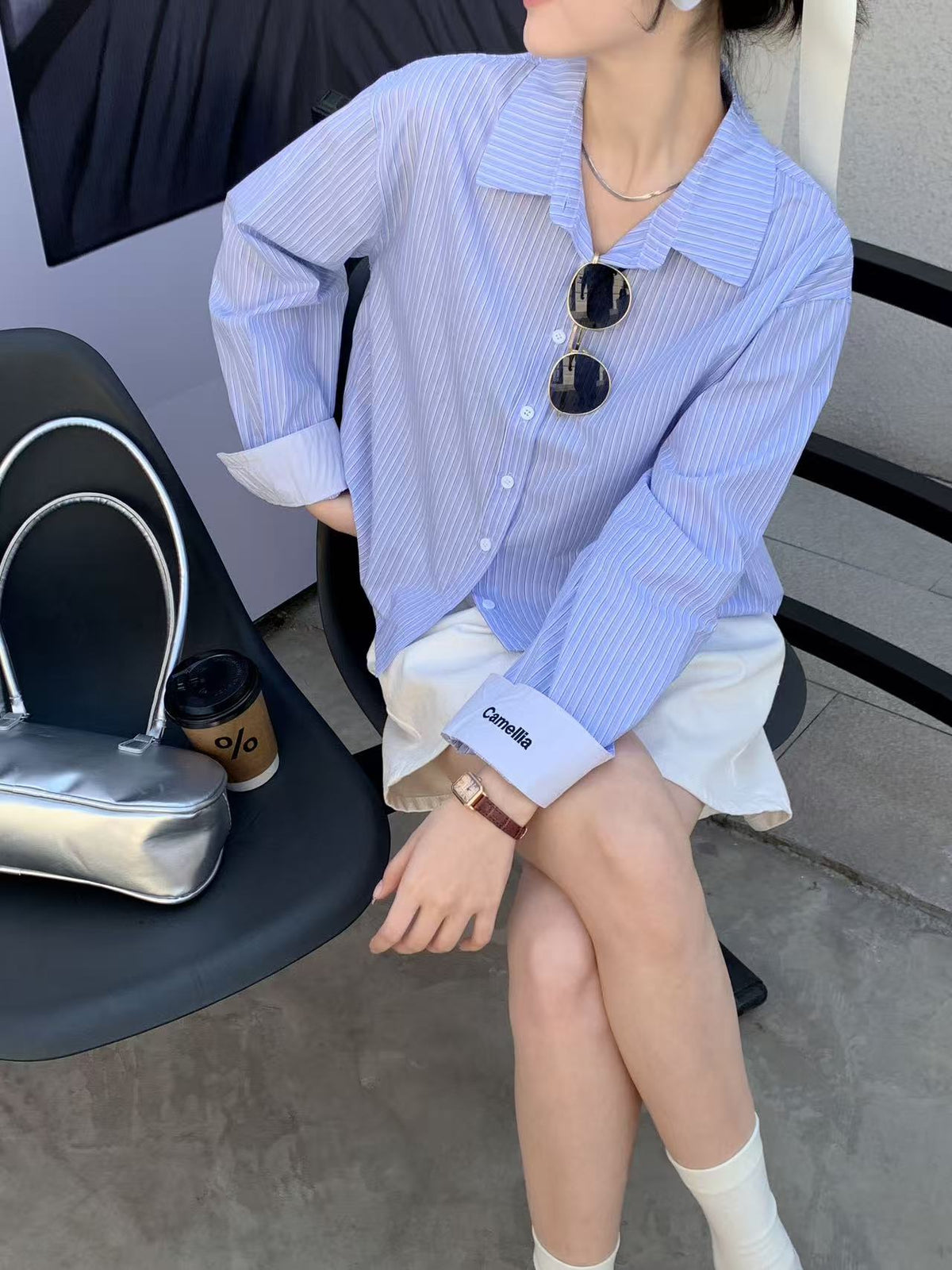 Cropped Length Cotton Shirt Stripe